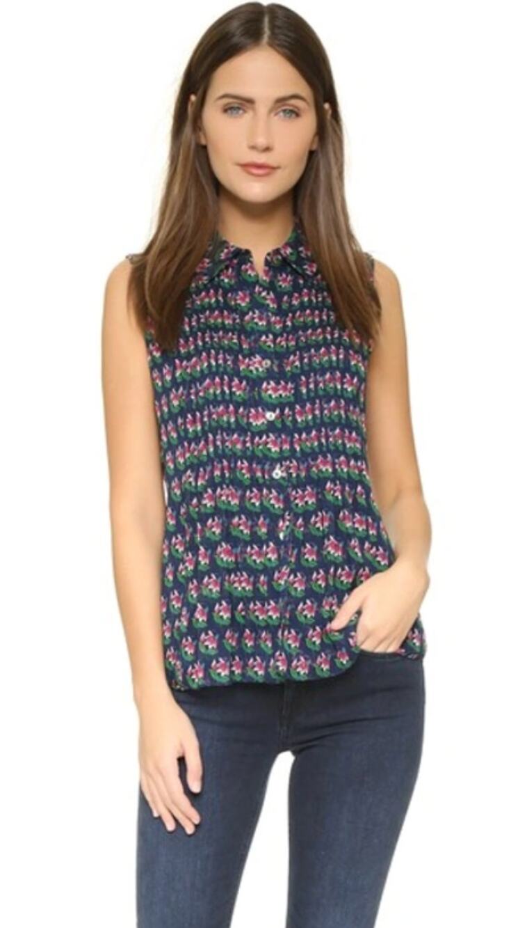 Diane Von Furstenberg Blue 12 Top Silk Floral Blakely Pleated Front Sleeveless